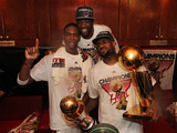Miami  FL - June 21:  Miami Heat and Oklahoma City Thunder Game Five  Chris Bosh  Dwyane Wade and L