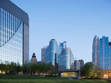 Federal Reserve Bank of Minneapolis Building with Downtown Skyscrapers  Minneapolis  Minnesota  Usa