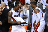 Miami  FL - June 21:  Miami Heat and Oklahoma City Thunder Game Five  LeBron James and Dwyane Wade