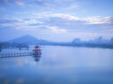 Taiwan  Kaohsiung  Lotus Pond  View of Bridge Leading to Spring and Autumn Pagodas with Statue of S