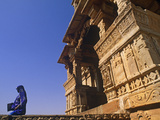 India  Rajasthan  Chittorgarh  a Sari-Clad Woman Leaves a Temple in Chittorgarh Fort