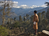 A Bhutanese Man in National Costume Views an Eastern Himalayan Mountain Range from the 11 000-Foot-