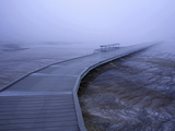 Boardwalk and Bench in Morning Fog around Grand Prismatic Spring  Yellowstone National Park