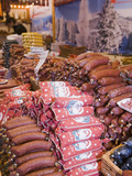 German Sausages in a Christmas Decorated Market  Manchester  UK