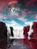 Conceptual Illustration of a Distant Mars-Like Planet with Waterfall and Orbiting Moons