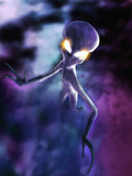 Conceptual Illustration of an Alien Standing in Fog and Mist and Looking Up with Large Glowing Eyes