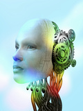 Illustration of a Female Android Head Showing the Interior Workings