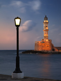 Lighthouse and Lighted Lamp Post at Dusk  Chania  Crete  Greece