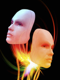 Illustration of Two Female Android Heads Suspended on Wires with Colorful Light Flares