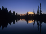 Mt Rainier at Dawn with the Full Moon Rising and its Reflection in a Mountain Lake  Mt Rainier Np