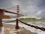 Large Storm Waves in San Francisco Bay under the Golden Gate Bridge About to Batter the Shore