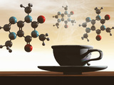 Illustration of Molecular Models of Caffeine with a Cup of Coffee