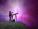 Family with a Telescope Observing the Night Sky