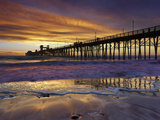 A Lone Surfer Waits for a Wave a People Stroll the Pier Watching a Brilliant Sunset  Oceanside