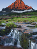 Mount Reynolds in Early Morning Light and a Seasonal Waterfall  Glacier National Park  Montana  USA