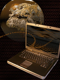 Worldwide Digital Communication Illustrated with a Notebook Computer  a Globe  and Binary Code