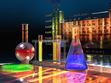 Illustration of the Periodic Table of the Elements Made from Glass Blocks with Laboratory Glassware