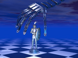 Illustration of a Robotic Hand Preparing to Move a Chess Piece