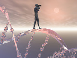 Biomedical Illustration of a Male Human Likeness Standing on a DNA Strand Peering into the Future
