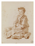 Small Girl Sitting on the Ground (Red Chalk on Paper)