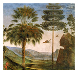 Man Leaning on a Staff  Birds Flying  Trees  Rocks  a Lake and a Distant City with Spires