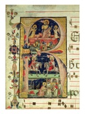 Historiated Initial 'R' Depicting the Resurrection  Two Knight Saints and a Bishop Saint