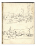 Vetheuil Seen from the Ile Saint-Martin  Tugboat on River Seine Facing Lavacourt (Pencil on Paper)