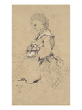 Women Holding a Small Dog  1857 (Black and White Chalk on Paper)