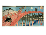 Ushiwaka and Benkei Fighting on Gojo Bridge  Published C1839 (Colour Woodblock Print)