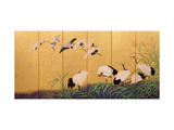 Six-Fold Screen Depicting Reeds and Cranes  Edo Period  Japanese  19th Century