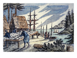 Fishermen Drying Cod in New England  from a 17th Century Woodcut (Colour Litho)