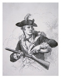 An American Soldier Using His Powder Horn to Prime the Pan of His Flintlock Musket (Lithograph)