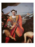 Christopher Columbus  on Board His Caravel  Gestures to the Island of Guanahani (San Salvador)