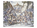 Conquistadors Enslaving and Beating Native American Baggage Carriers (Colour Litho)