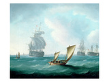 British Men-O'-War and a Hulk in a Swell  a Sailing Boat in the Foreground (Oil on Canvas)