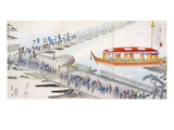 Attending a Festival: Crossing a Pontoon Bridge to the Sacred Site (Colour Woodblock Print)