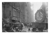 Wagons Trundle Along Manhattan Streets Past a Ymca Clock Sign