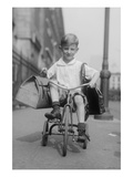 Toddler on Tricycle Carries Small Satchels after Making a Food Sale