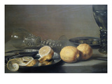 Still Life with Two Lemons  a Facon De Venise Glass  Roemer  Knife and Olives on a Table