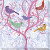 Multicolor Birds on Pink Tree