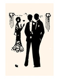 Two Men in Tuxedos and a Woman in Gown in Conversation