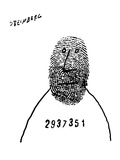 Prisoner with number across chest has thumb print as a face - New Yorker Cartoon