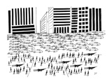 Pedestrians and Alligators walk on crowded sidewalk as cars flood a city a… - New Yorker Cartoon
