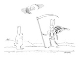 A rabbit walking upright down a road sees death as a rabbit skeleton with … - New Yorker Cartoon