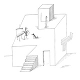 Man paints at easil on one level  with dog watching Woman watches from hi… - New Yorker Cartoon