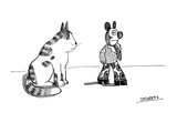 A cat watches a mouse in a funky suit and platform shoes - New Yorker Cartoon