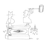 Man and woman are at separate ends of a pedestal The woman is about to hi… - New Yorker Cartoon
