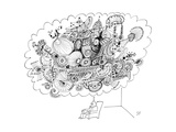 A man sitting in a chair is thinking of a very large elaborate sketch - New Yorker Cartoon