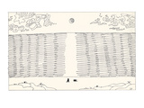 Man and dog sitting by riverbank  with the sun on the horizon - New Yorker Cartoon