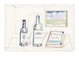 Bottles labeled  ST 78  Deja Bu  and book labeled Deja Lu  on desk with pi… - New Yorker Cartoon